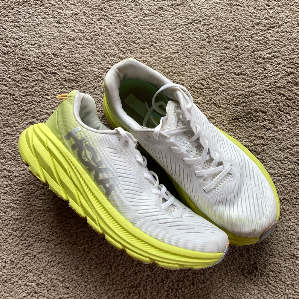 Hoka Rincon 3, white and neon yellow, Women’s 9